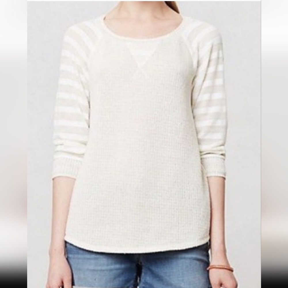 One September By Anthropologie Striped-Sleeve Scoop Neck Sweater
